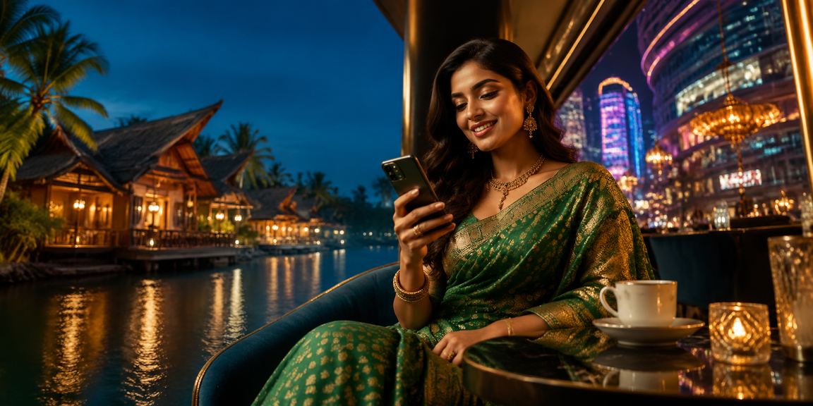 Woman using mobile device to browse lottery games in Kerala